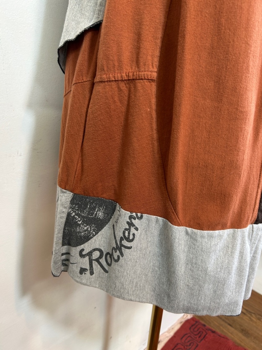 Pathchwork Art to Wear Abstract Artsy Rust Brown Grey Graphic Midi Dress Medium - Picture 7 of 13